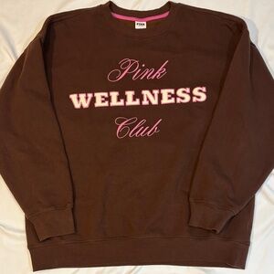 VS PINK “Wellness Club” Ivy Fleece Oversized Crew Sweatshirt Ganache/Pink Medium